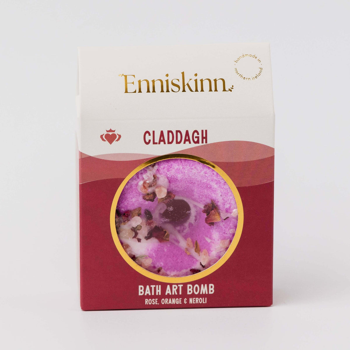 Enniskinn Claddagh bath art bomb packaging on a white background