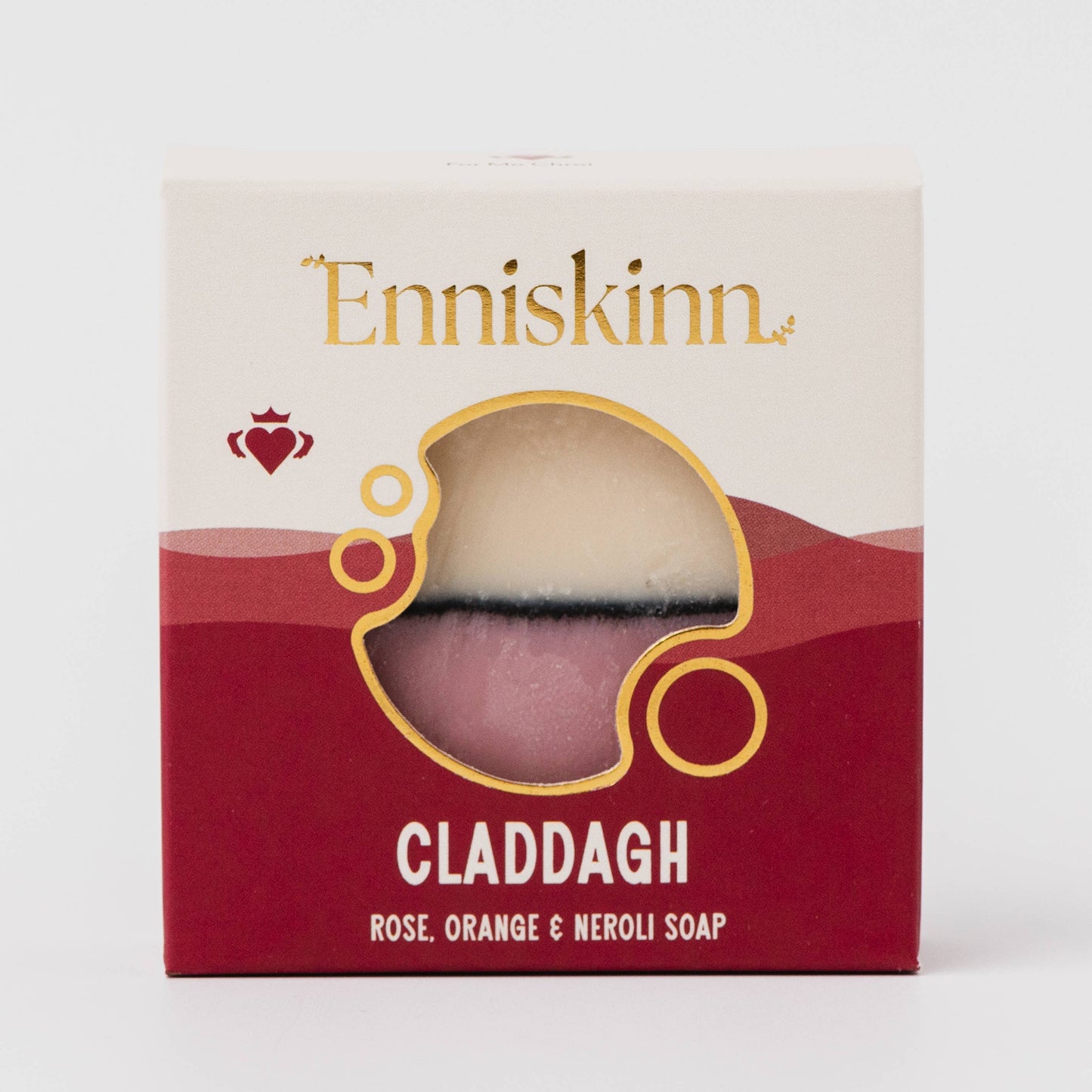 Enniskinn Claddagh soap packaging with a red and beige design.
