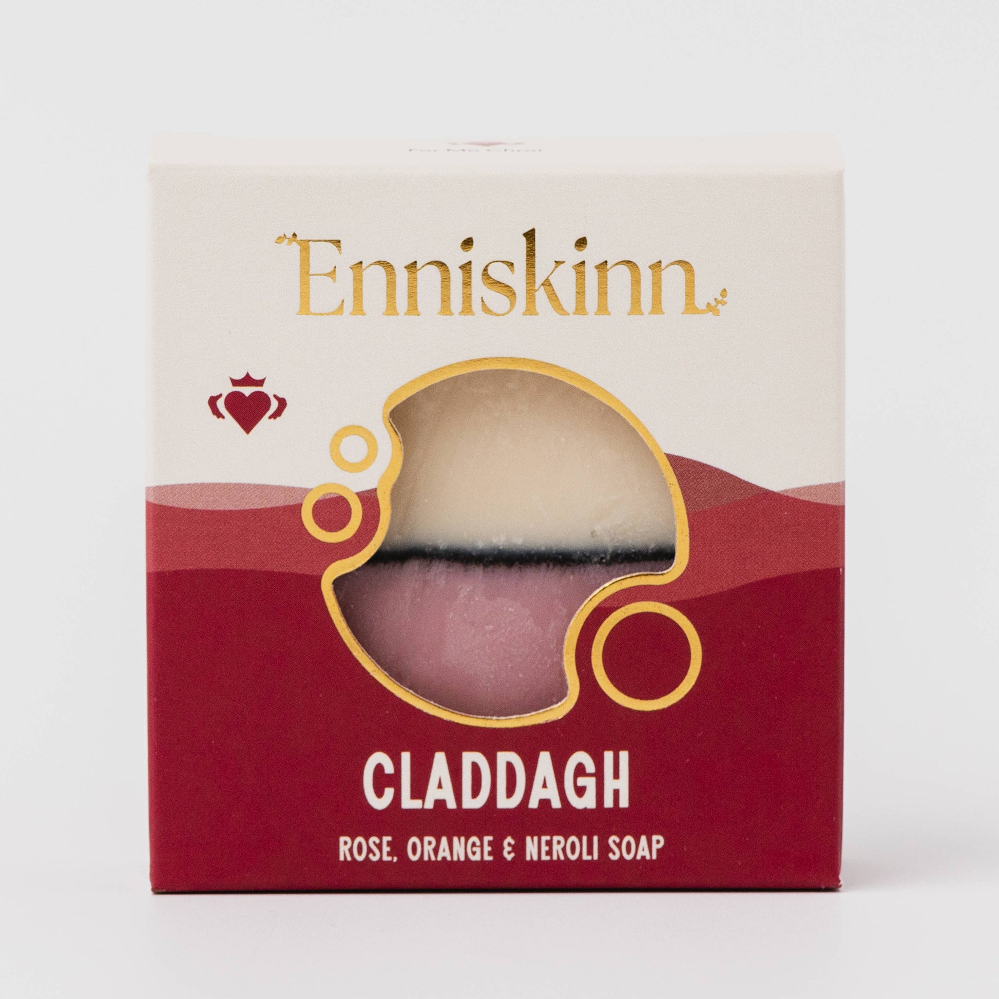 Enniskinn Claddagh soap packaging with a red and beige design.