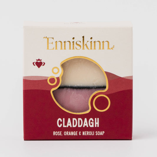 Enniskinn Claddagh soap packaging with a red and beige design.
