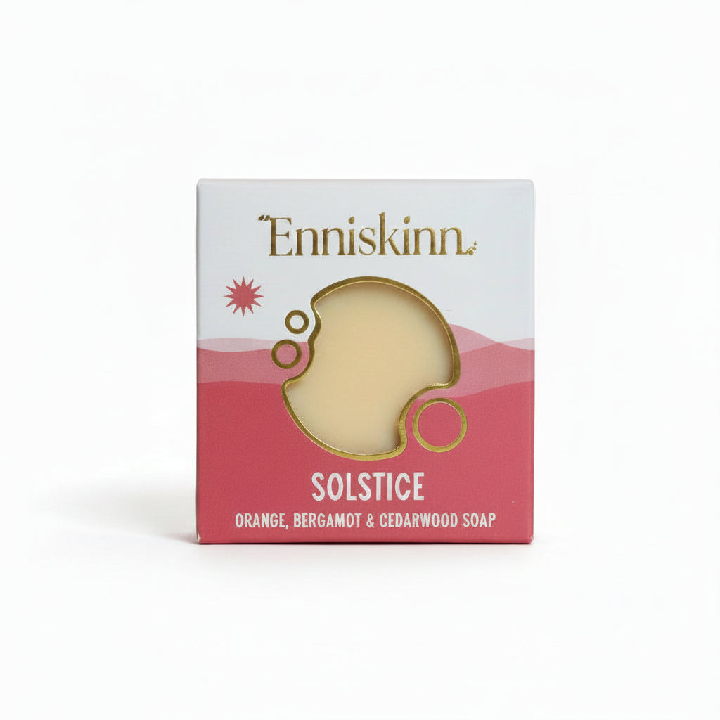 Enniskinn Solstice soap packaging on a neutral background