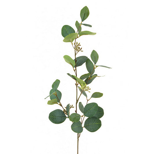 Artificial green Eucalyptus spray with clusters of small pale green berries, 76cm tall with a visible brown plastic stem.