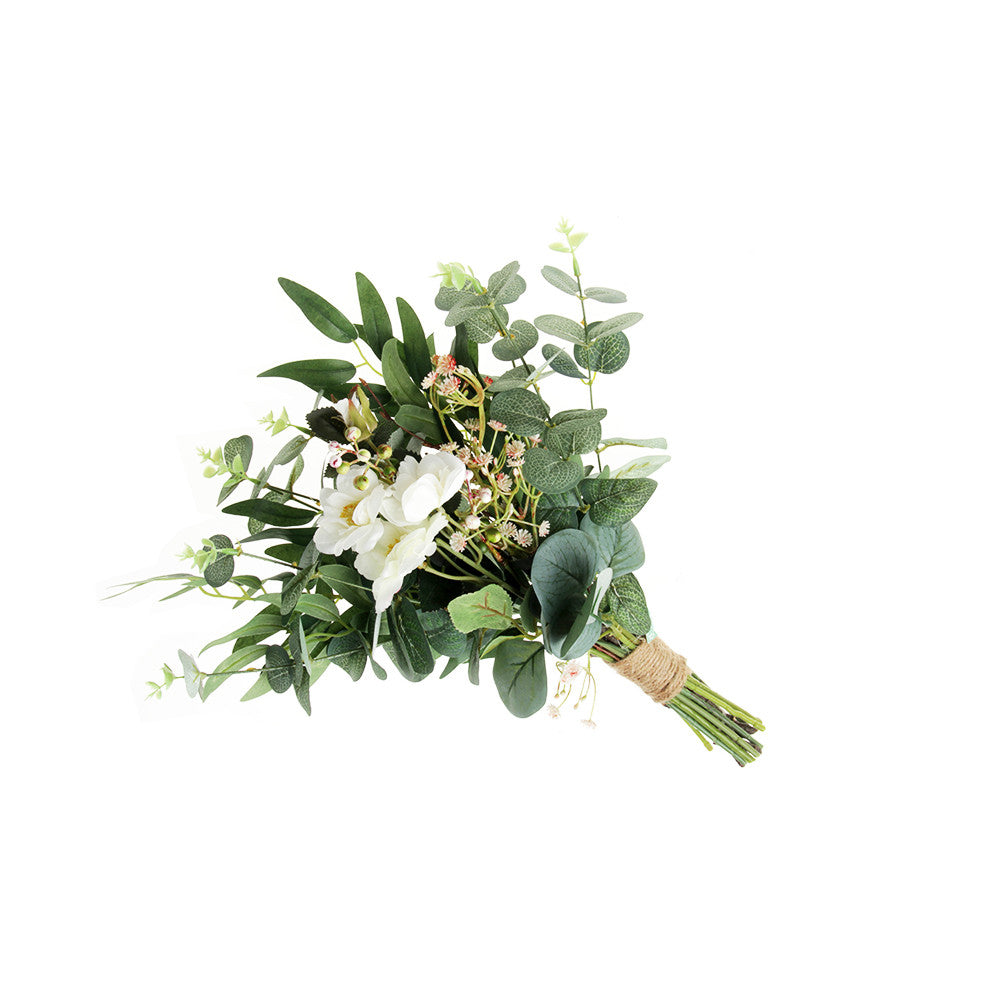 A small artificial floral bouquet with green eucalyptus leaves, white flowers, and green stems wrapped together with natural twine, shown on a plain white background.