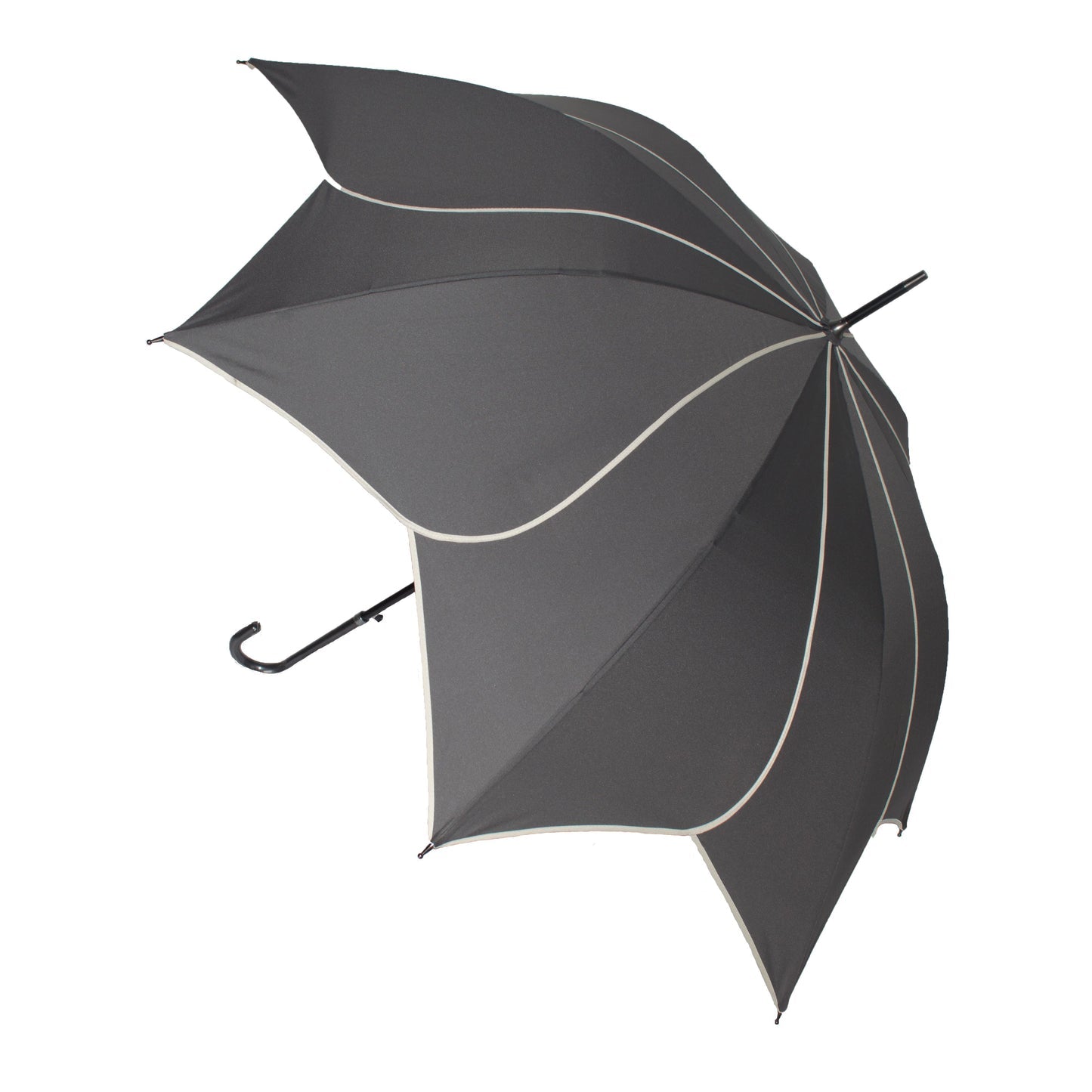 Black umbrella with white trim on a white background