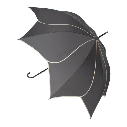 Black umbrella with white trim on a white background