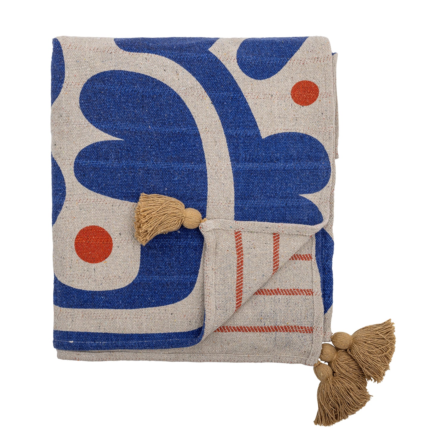 A recycled cotton blanket with a blue and red pattern on one side and bold woven red stripes on the other, featuring yellow tassels at each corner.