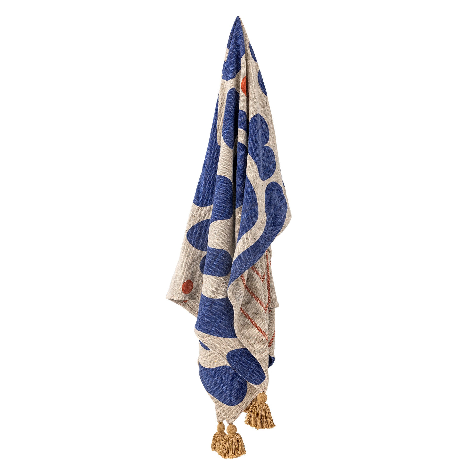 Throw with blue and beige pattern hanging up on a white background