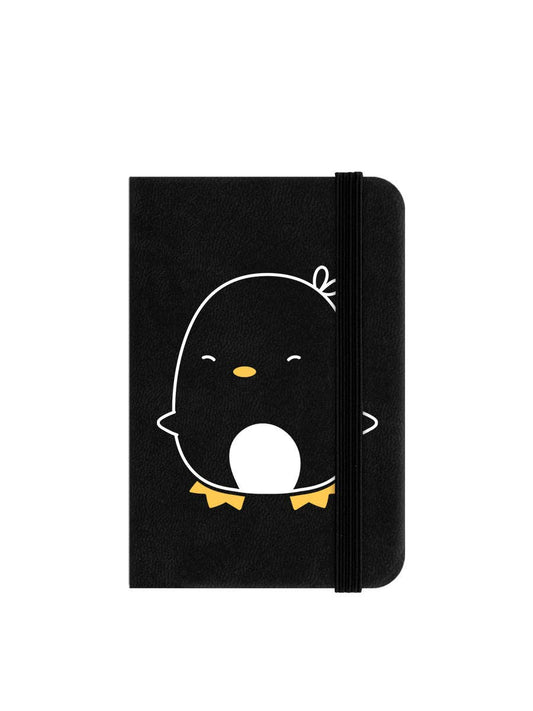 Black notebook with a penguin design on a white background
