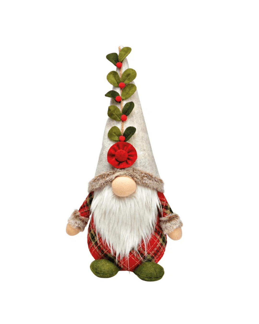 Christmas-themed gnome figurine with a plaid outfit and mistletoe decorations on a white background