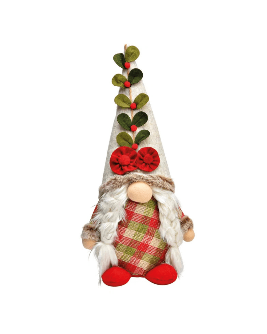 Decorative gnome with plaid pants and red shoes on a white background