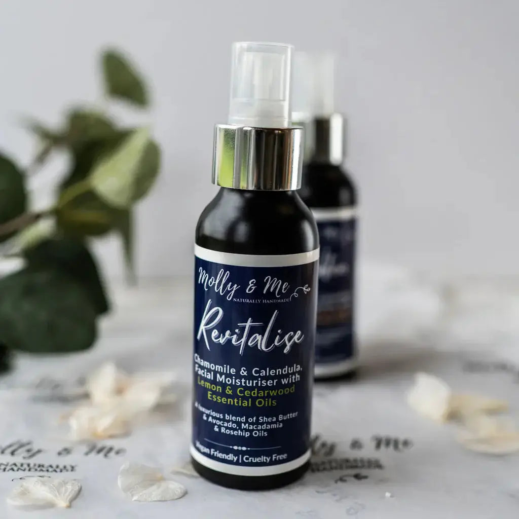 Facial moisturiser bottle with 'molly & me' branding on a light background