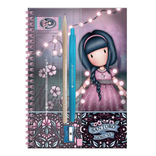 Santoro Gorjuss notebook with pencil, ruler, and eraser on a white background