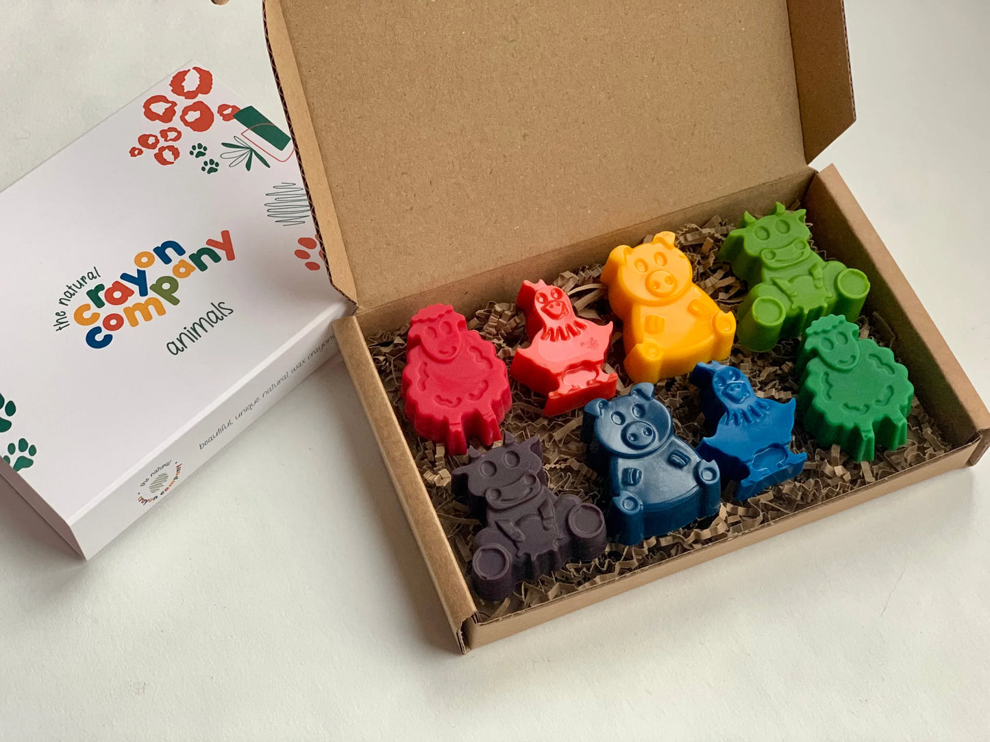 8 colourful natural crayons of farm animals in cardboard box