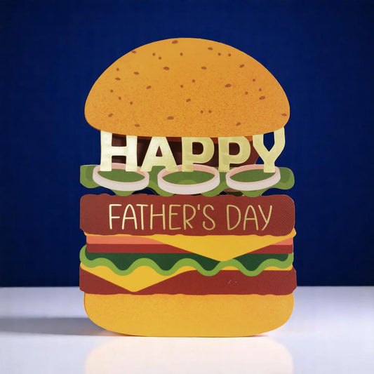 Hamburger-shaped card with 'Happy Father's Day' text on a blue background