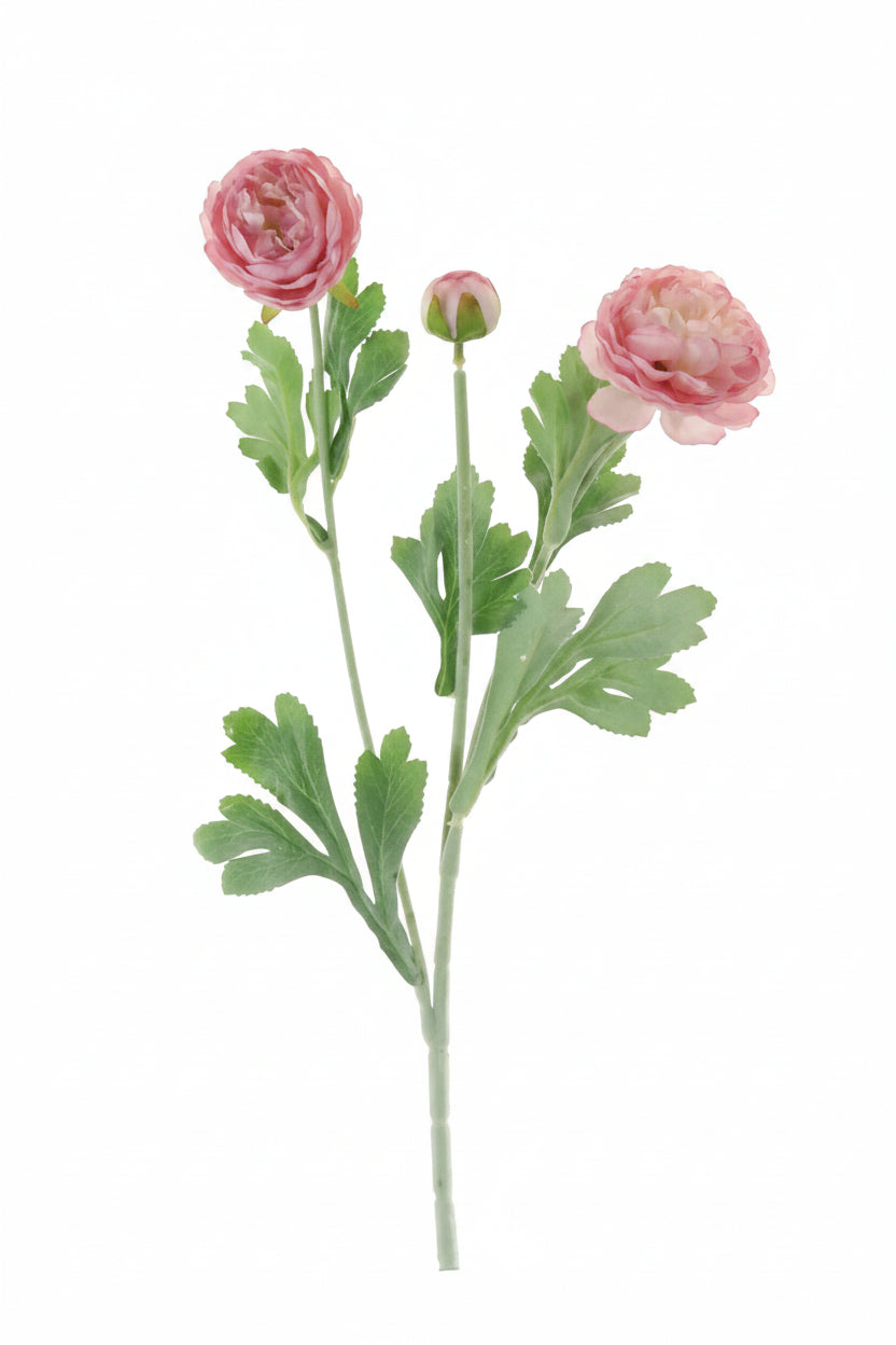 Artificial flower stem with pink flowers and green leaves on a white background