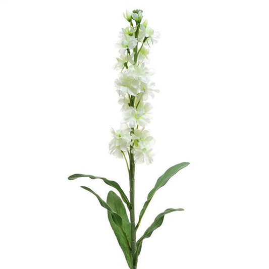 Artificial white flower stem with green leaves on a white background
