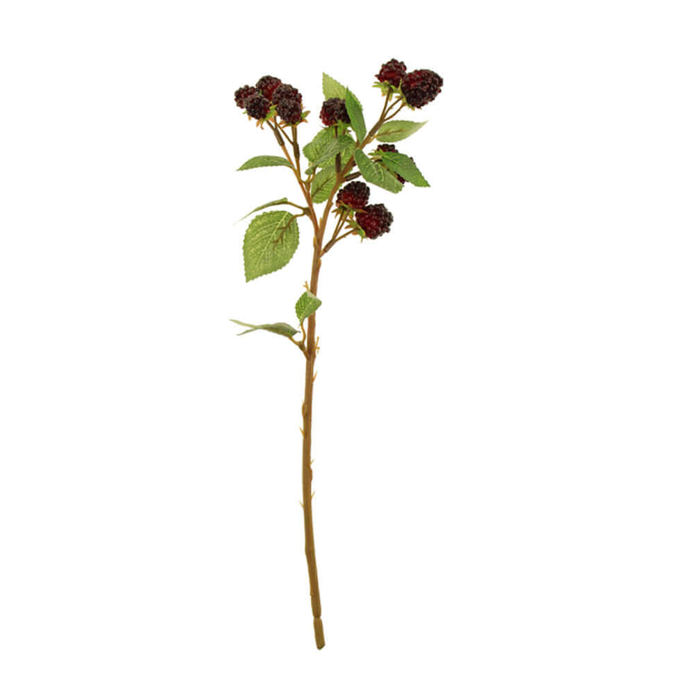 An artificial blackberry stem with dark purple-black berries, green leaves, and a brown stem, isolated on a white background.