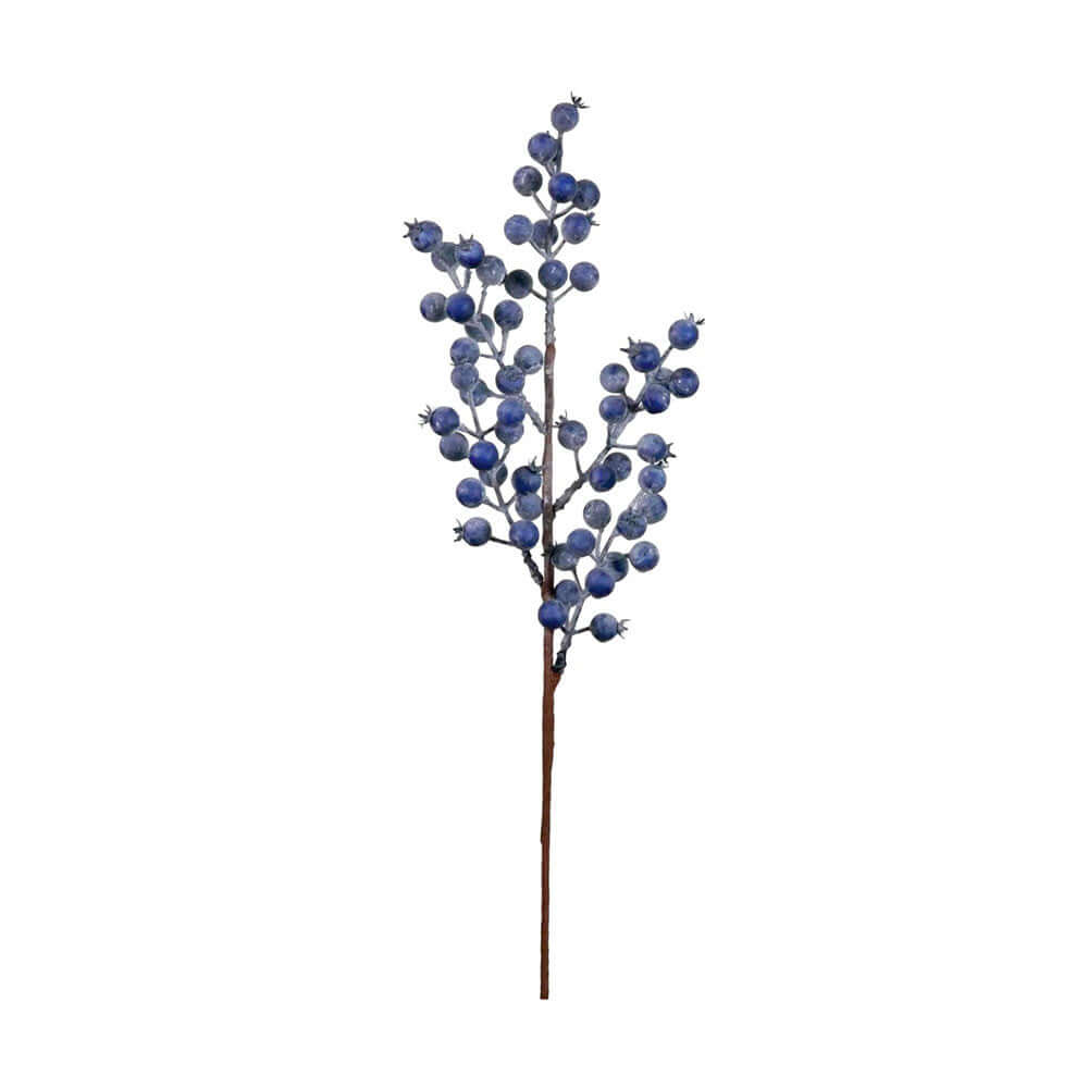 An artificial blueberry branch with clusters of faux blue berries on a brown stem, isolated on a white background.