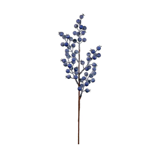 An artificial blueberry branch with clusters of faux blue berries on a brown stem, isolated on a white background.