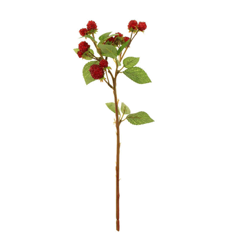An artificial flowering branch with clusters of small red berries, green leaves, and a long brown stem on a plain white background.