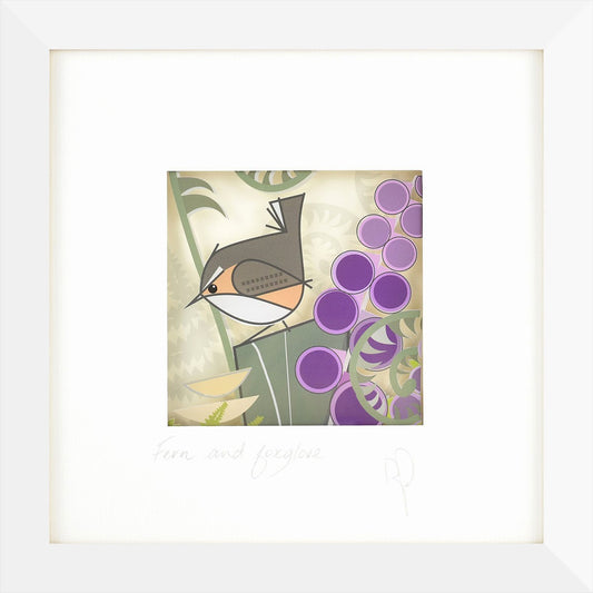 Framed artwork of a bird and grapes on a light background