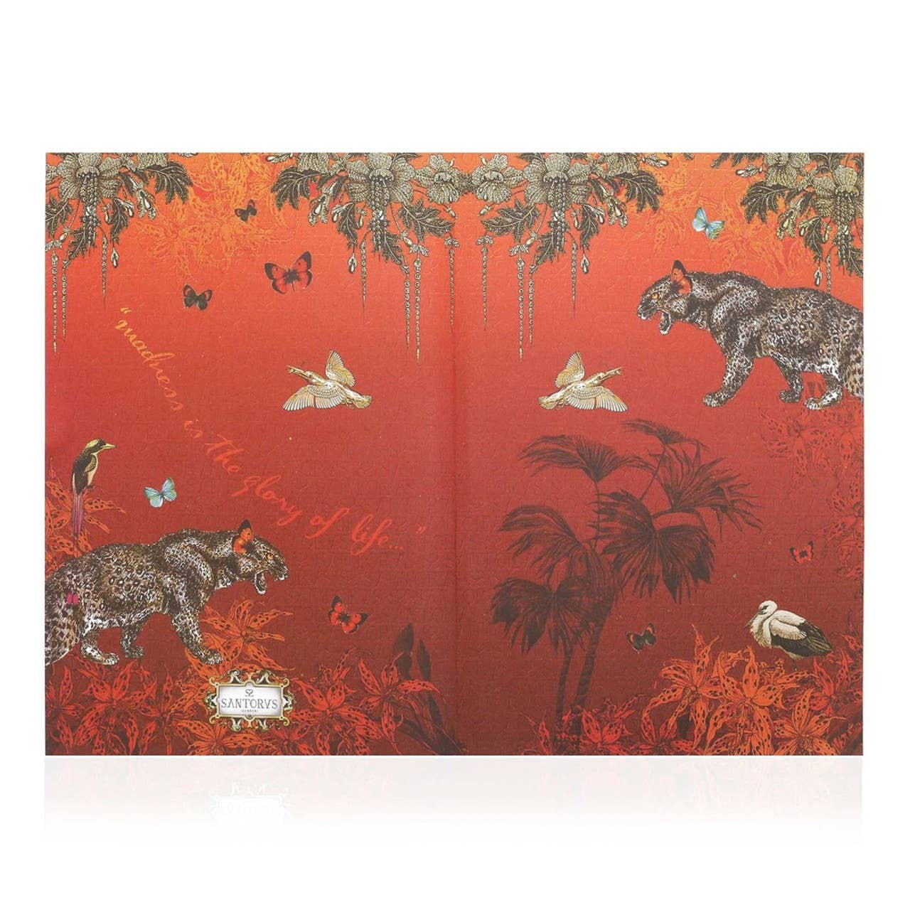 Decorative book with animal illustrations on a red background