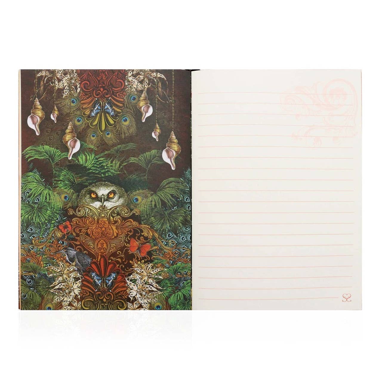 Notebook with a colorful animal illustration on the cover and lined pages inside.