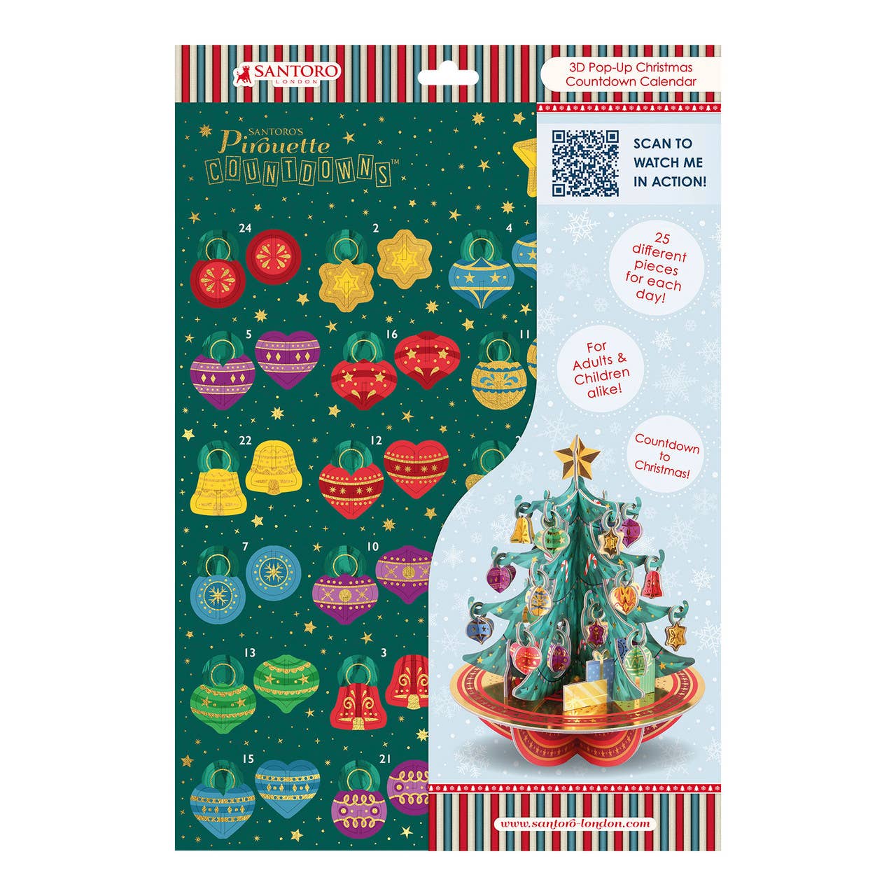 Santoro 3D Pop-up Christmas Calendar packaging with colorful tree and ornaments on a green background