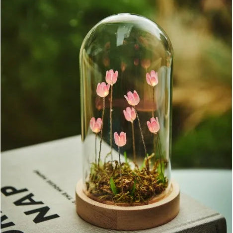 Glass dome with pink flowers on a book