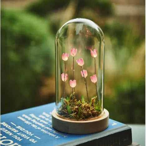 A small glass dome terrarium with pink tulip-like flowers and green moss sits on a stack of books in a softly blurred outdoor garden setting.