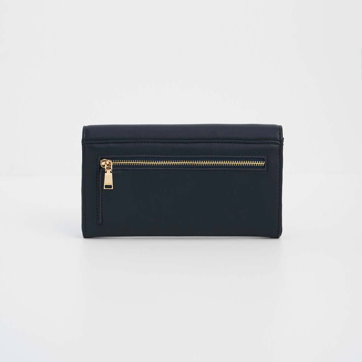 A dark navy blue leather clutch wallet with a horizontal gold zipper on the front, shown against a plain white studio background.