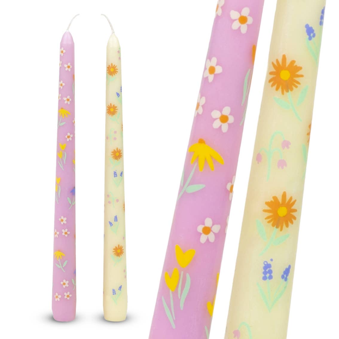 Floral Yellow & Pink Dinner/Taper Candles 2 Pack close up view on white background