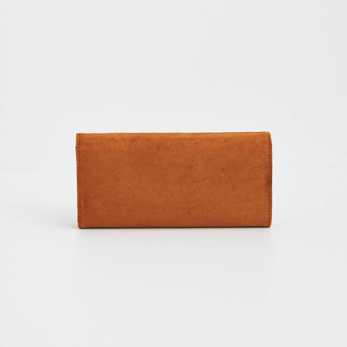 A rectangular brown suede wallet or clutch shown closed from the front on a clean white studio background.