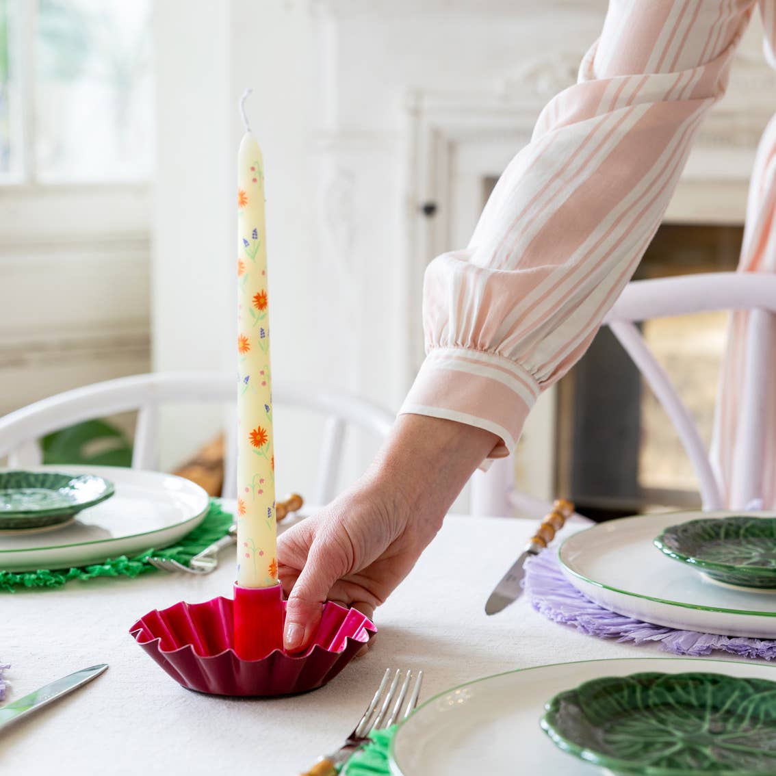 Floral Yellow & Pink Dinner/Taper Candles on table top