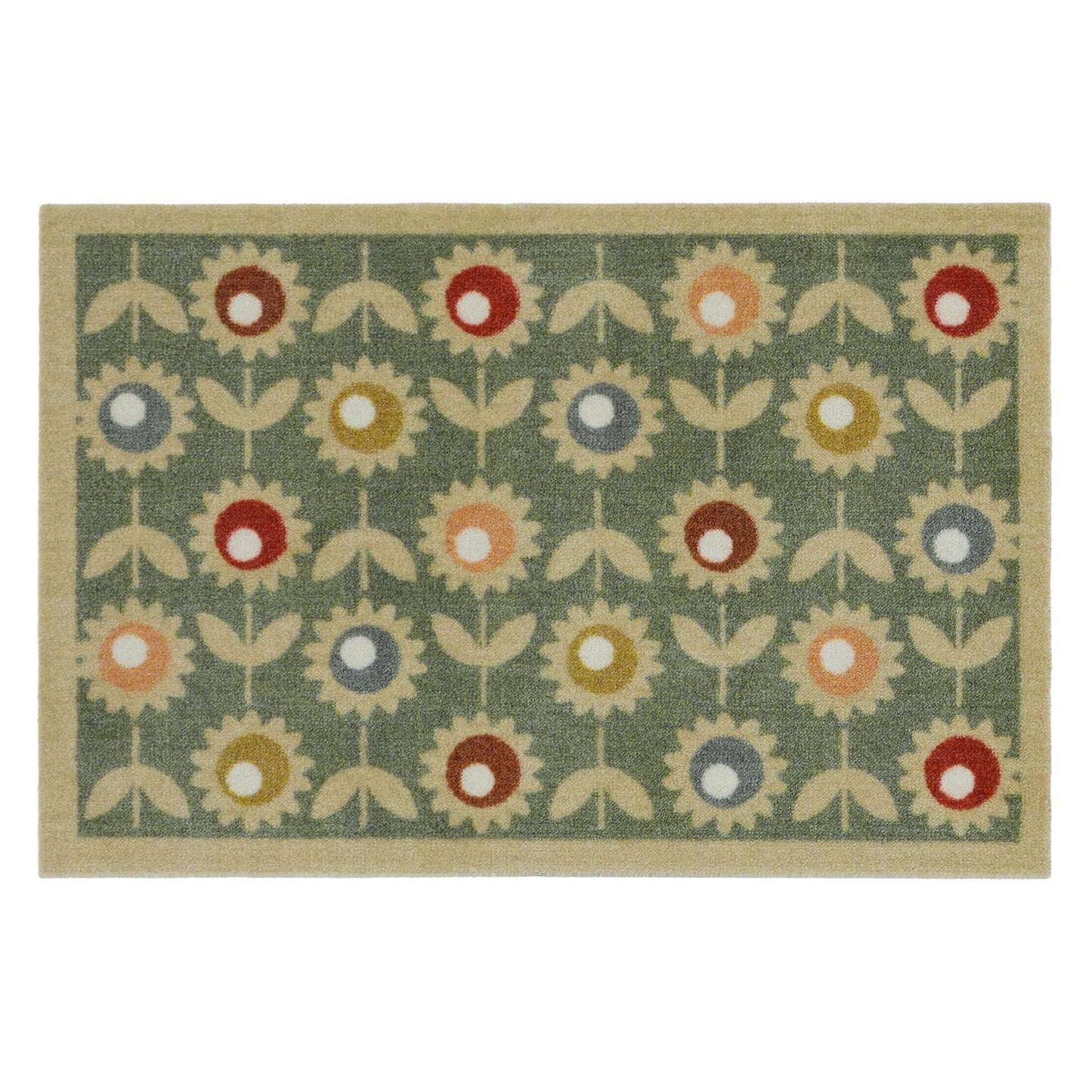 Floral patterned rug with colorful flowers on a green background