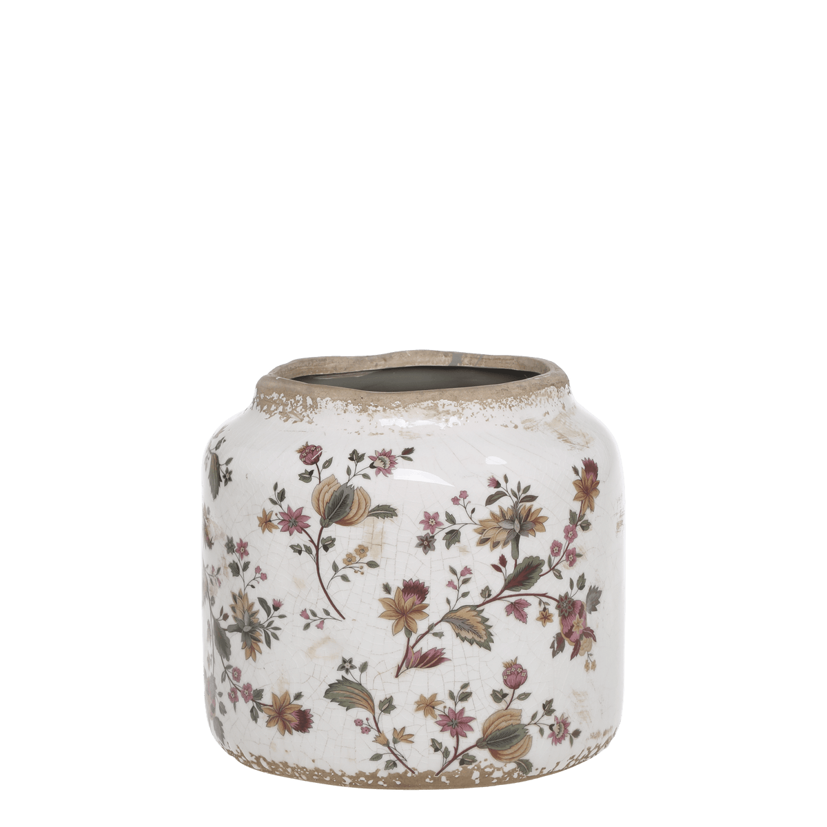 Decorative ceramic jar with floral patterns on a white background