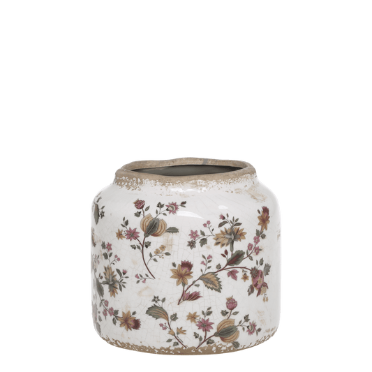 Decorative ceramic jar with floral patterns on a white background