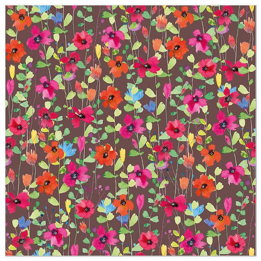 A square napkin featuring a dense watercolor floral pattern with pink, red, orange, yellow, and blue flowers on a dark brown background.