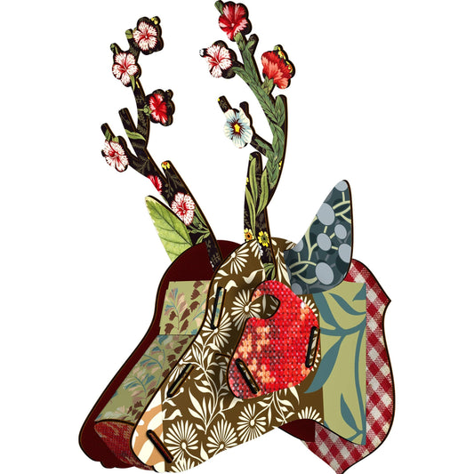 Decorative wall art of a deer head with floral antlers on a white background