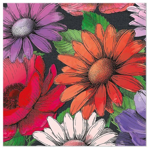 Colorful floral design napkin with various flowers on a black background