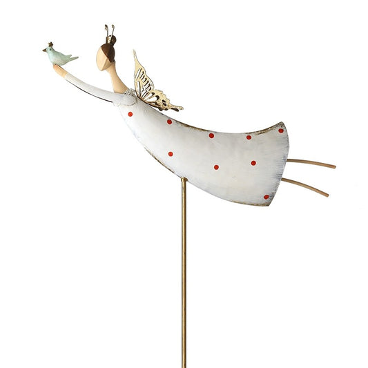 Decorative sculpture of a bird on a stand with a white body and red spots on a white background