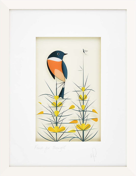 Framed artwork of a colorful bird on a branch with yellow flowers.