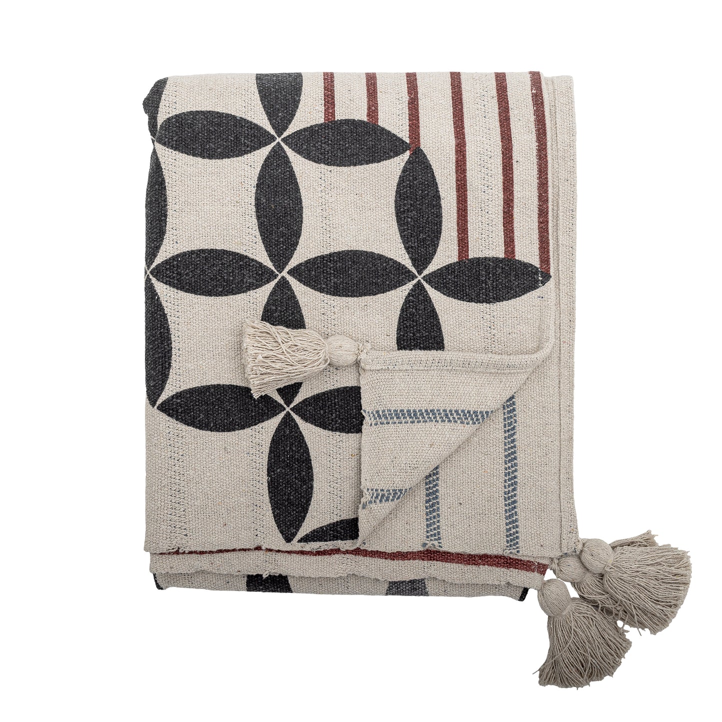 Decorative throw blanket with geometric pattern and tassels on a white background