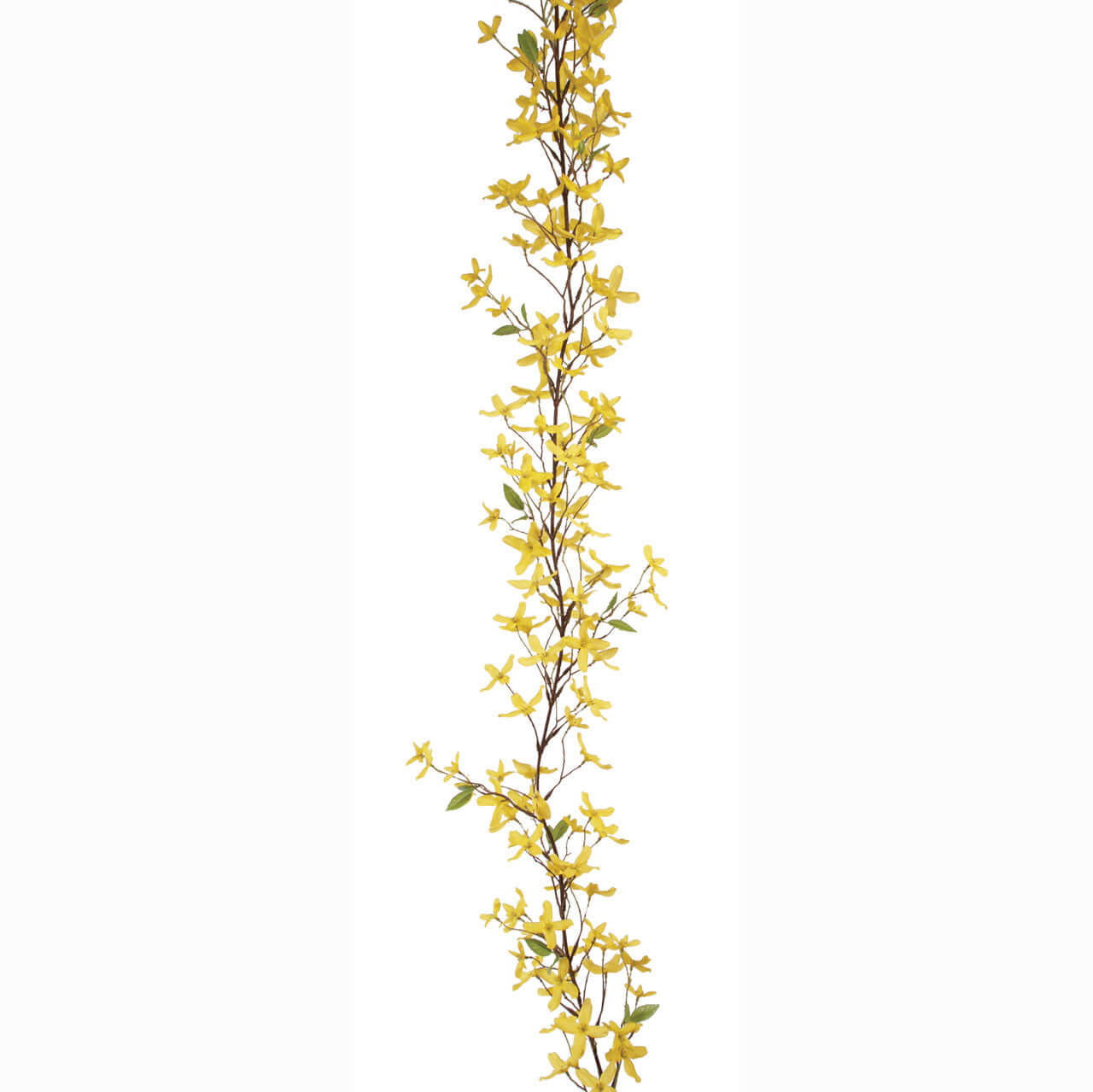 A realistic artificial Forsythia garland with vibrant yellow blooms on a brown plastic vine, designed for home decor.