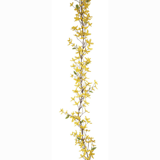 A realistic artificial Forsythia garland with vibrant yellow blooms on a brown plastic vine, designed for home decor.