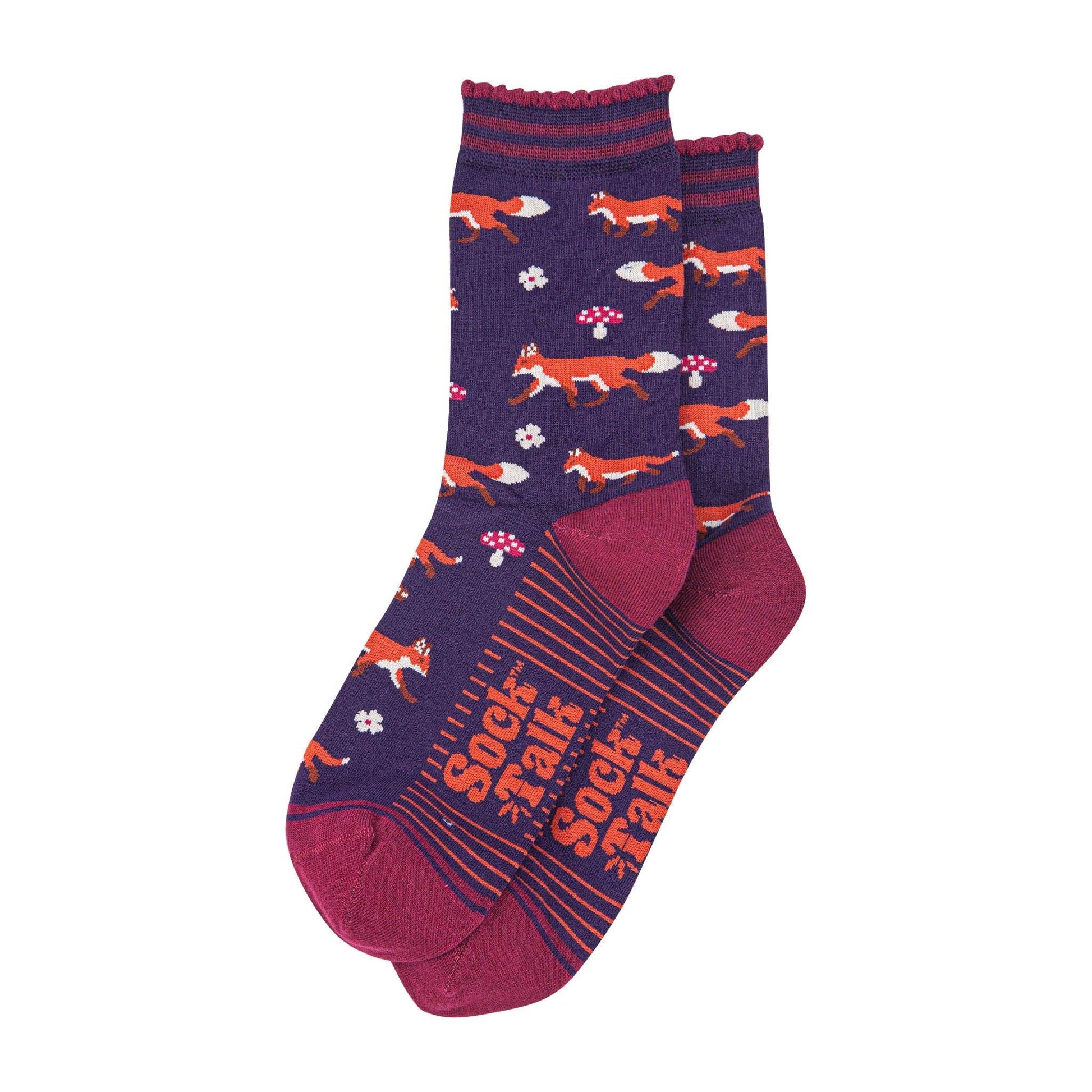 Pair of socks with fox pattern and 'Sock Talk' text on a white background
