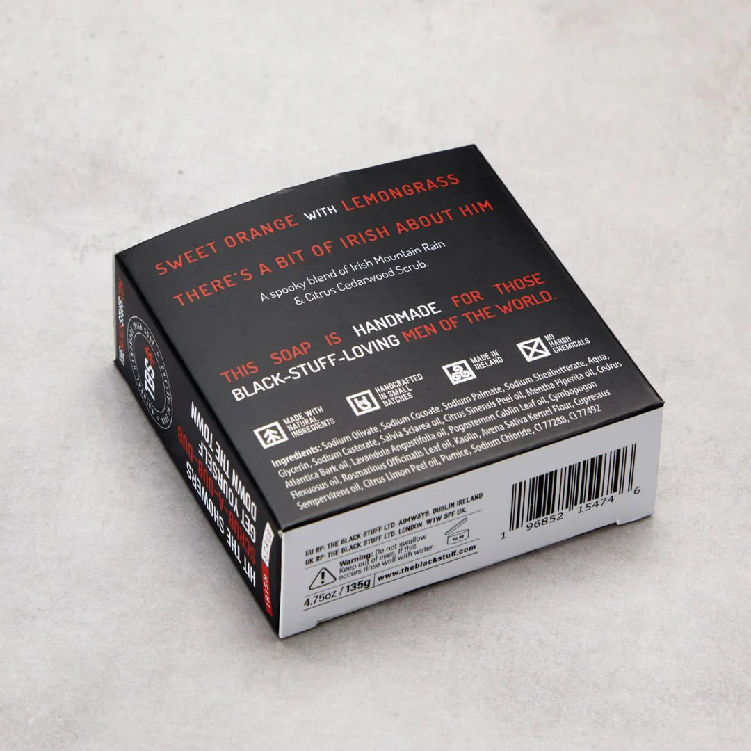 Box of soap with text on a light gray background