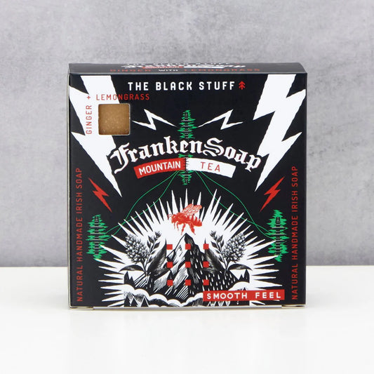 Box of Franken Soap with mountain design on a gray background