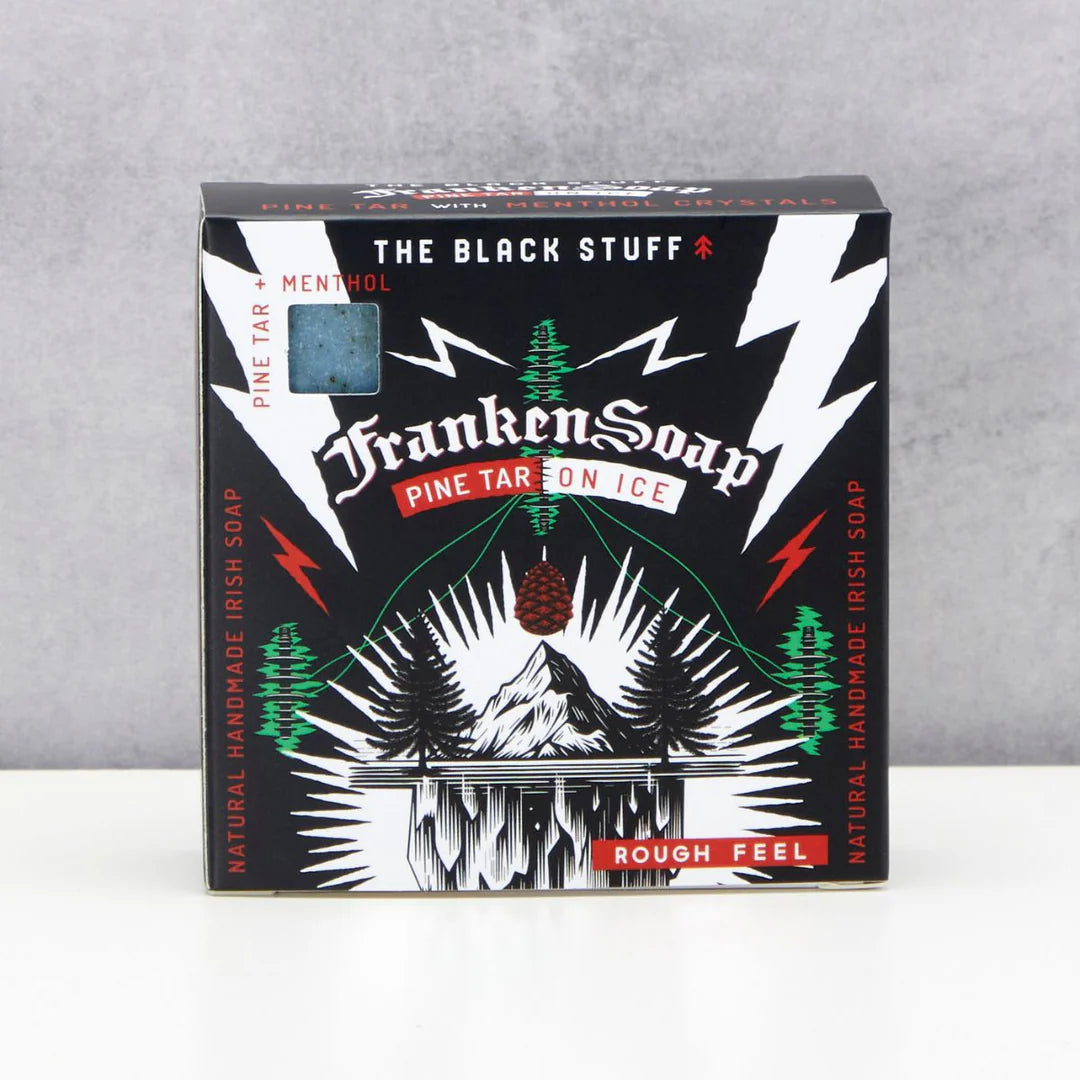 Box of Franken Soap 'The Black Stuff' on a gray background