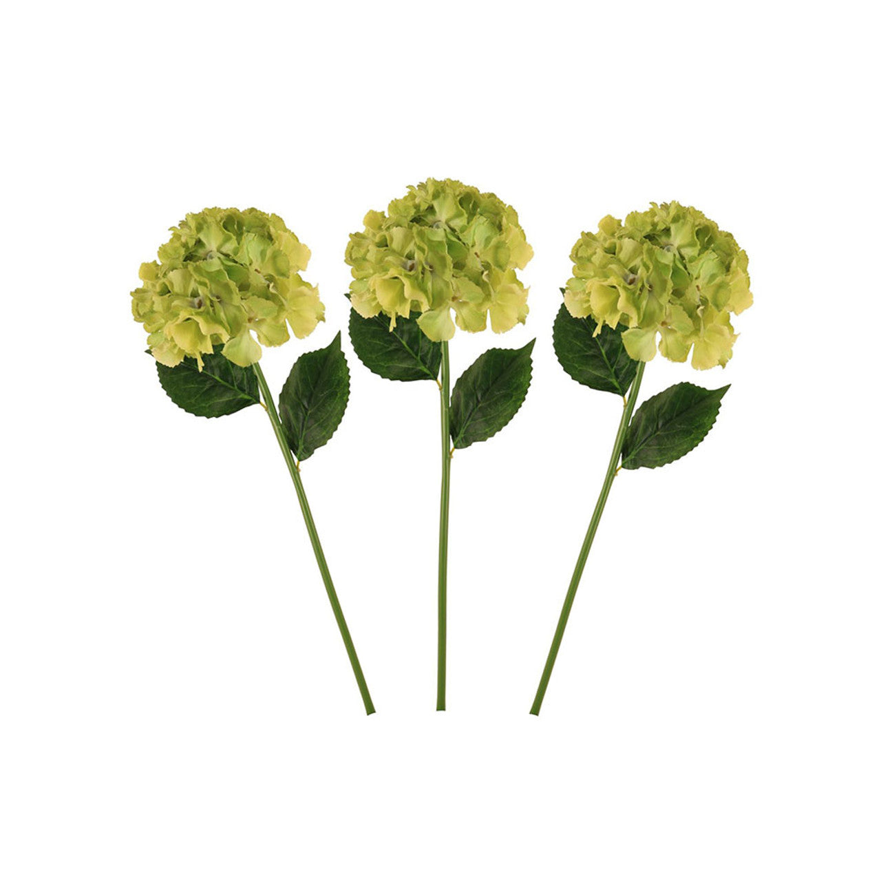 Three artificial silk Hydrangea flowers in pale green with stems, leaves, and a flower head, arranged on a white background.